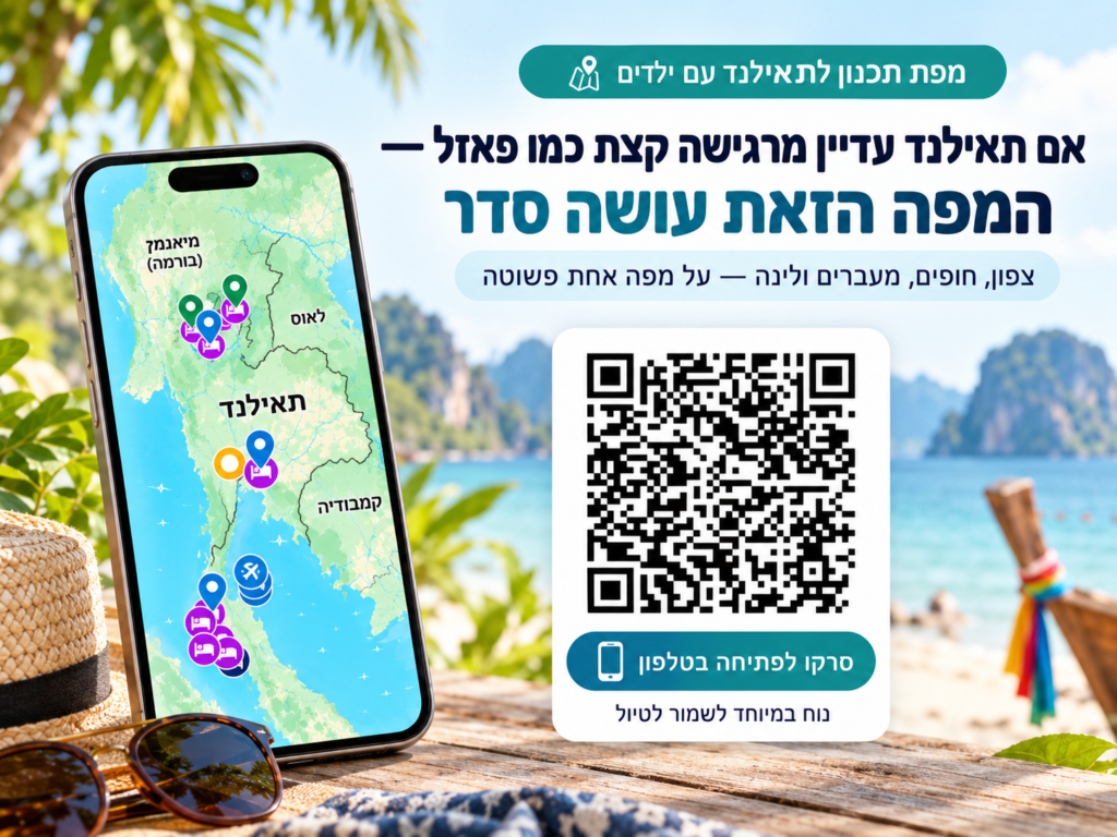 ויז'ואל של מפת תכנון לתאילנד עם ילדים עם קוד QR לפתיחה בטלפון, כולל מסלול, חופים, מעברים ומקומות לינה.